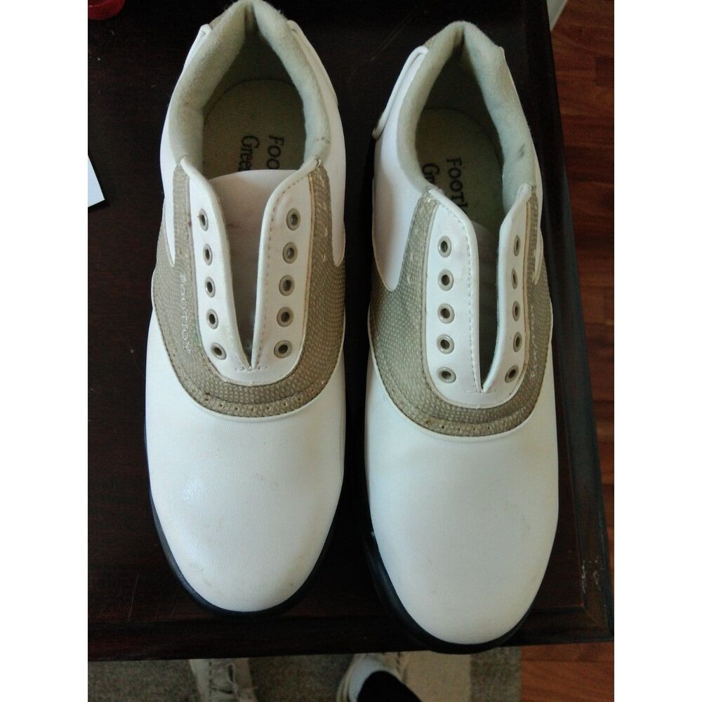 FOOTJOY GREENJOY WOMENS GOLF CLEATS WHITE WITH KHAKI TRIM 7M EXCELLENT